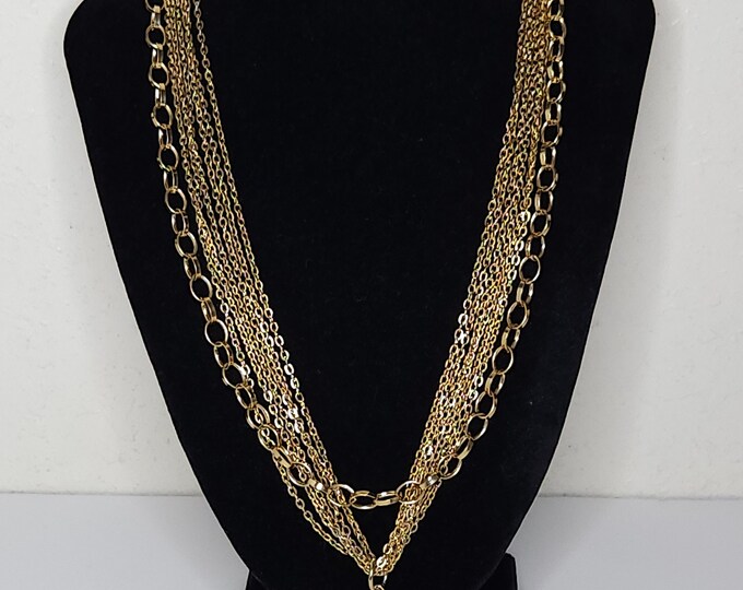 Vintage Multistrand Gold Tone Rolo Chain Necklace with Teardrop Pendant D-2-20