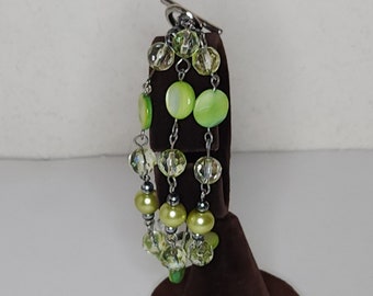 Vintage Green Dyed Shell, Faux Pearl, and Clear Glass Beaded Three Strand Bracelet C-5-27