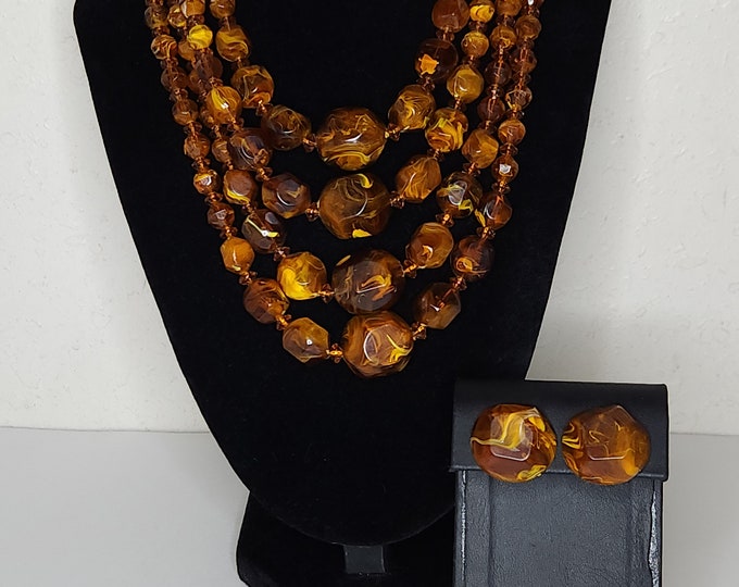 Vintage Brown Lucite Mid Century Four Strand Beaded Necklace and Matching Clip-On Earrings Set C-9-101