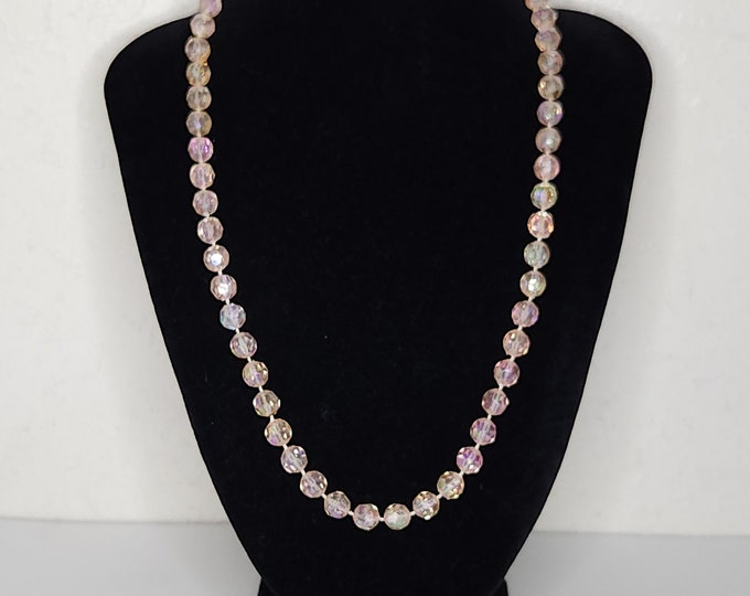 Vintage Light Pink Iridescent Faceted Plastic Beaded Necklace C-1-76