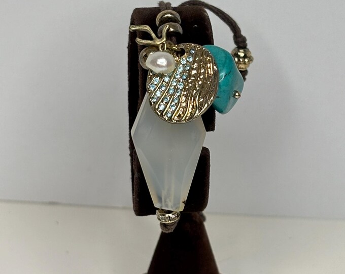 Sequin Brand Rope Bracelet with Agate and Faux Turquoise and Real Pearl Gold Tone-Slides To Adjust Size 8 D-8-52