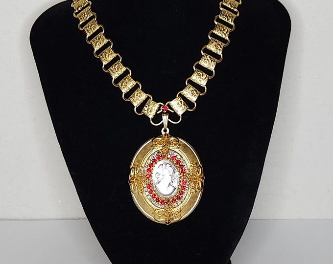 Vintage Hobé Signed Substantial Embossed Bookchain with MOP on Abalone Cameo Ruby Red & AB Rhinestones Statement/Runway Necklace C-7-83