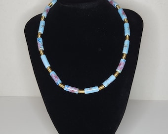 Vintage Ceramic Bead with Transfer Flowers Necklace A-8-25