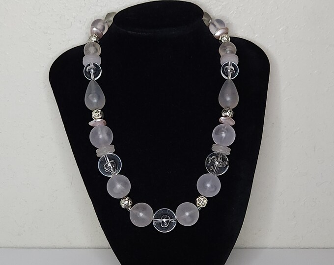 Vintage Clear Acrylic, Faux Pearl and Silver Tone Floral Plastic Beaded Necklace D-2-7