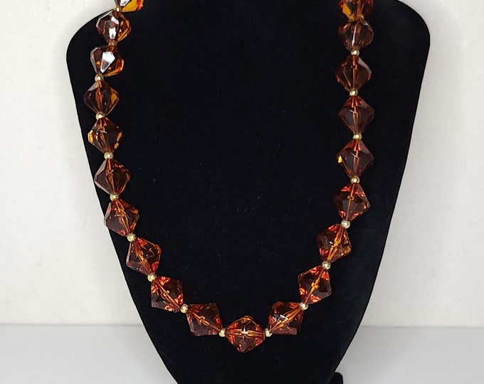 Vintage Brown Translucent Plastic Diamond-Shaped Large Beads with Gold Tone Spacer Beads Necklace D-1-63