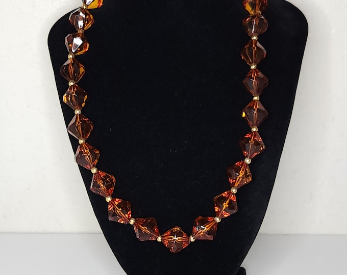 Vintage Brown Translucent Plastic Diamond-Shaped Large Beads with Gold Tone Spacer Beads Necklace D-1-63