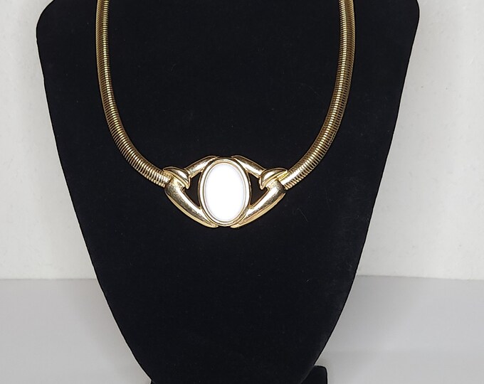 Vintage Trifari Signed Gold Tone and White Acrylic Cabochon Necklace A-9-81