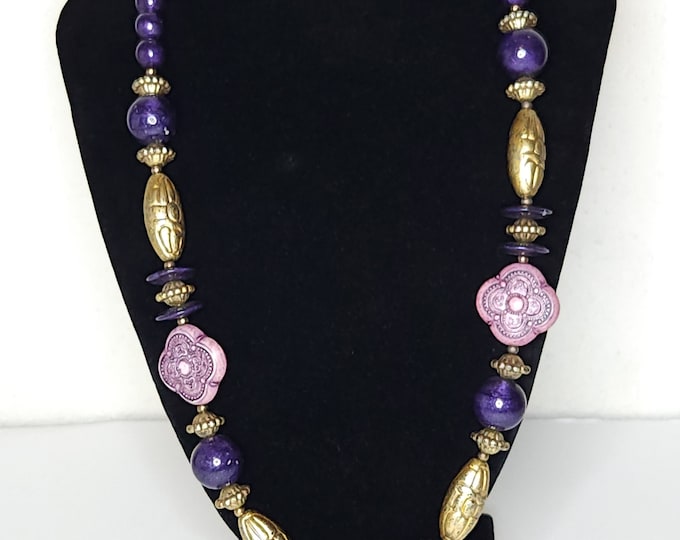 Vintage Lilac, Shimmery Dark Purple and Gold Tone Plastic Beaded Necklace B-3-93