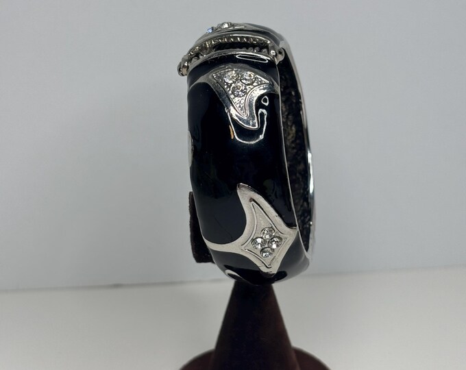 Silver Tone Black Enamel and Clear Rhinestone Clamper Bracelet Size 7 D-8-13