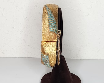 Vintage Hattie Carnegie Signed Gold Tone and Turquoise Colored Glass Hinged Bangle Bracelet D-4-101