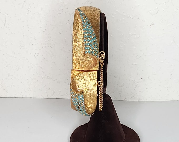 Vintage Hattie Carnegie Signed Gold Tone and Turquoise Colored Glass Hinged Bangle Bracelet D-4-101