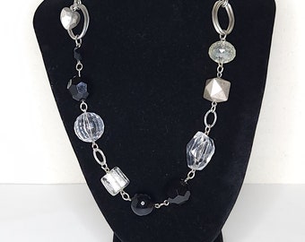 Vintage Silver Tone, Black and Clear Glass and Plastic Beaded Necklace with Hearts C-3-90