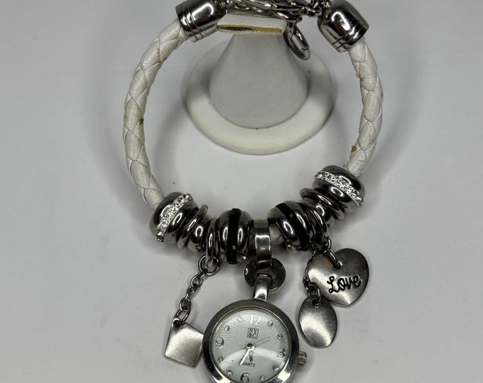 New York and Co NY and C White Leatherette Charm Bracelet Watch D-7-31