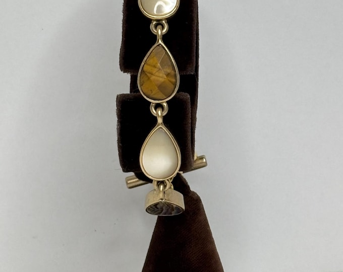 Kenneth Cole Brushed Gold Tone Real Mother of Pearl, Abalone, and Faceted Tigers Eye Bracelet Size 7 D-8-21