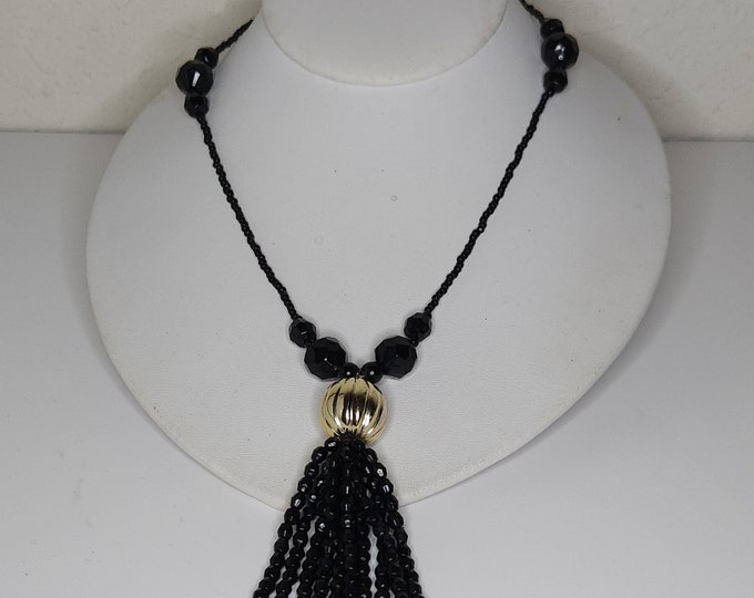Vintage Black and Gold Tone Beaded Tassel Necklace D-1-83