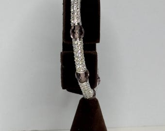 Silver Tone Pave Rhinestone and Pink Crystal Bracelet Size 7.25” D-8-42