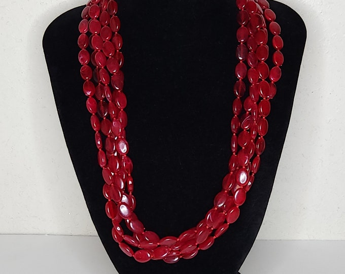 Vintage Five Strand Red Plastic Oval Beaded Necklace C-4-10
