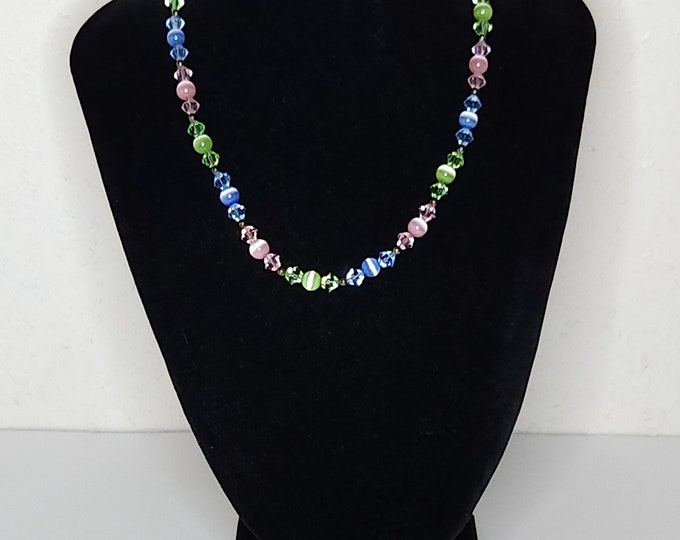 Vintage Sterling 925 Marked Blue, Green and Pink Crystal and Cat's Eye Beaded Necklace B-9-94