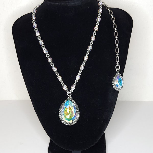 Vintage Otazu Paradise Signed AB Crystal Silver Plate Statement Necklace with Back Drop Gorgeous Icy Flashy A-9-35