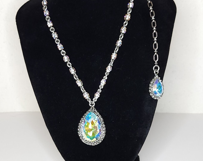 Vintage Otazu Paradise Signed AB Crystal Silver Plate Statement Necklace with Back Drop Gorgeous Icy Flashy A-9-35