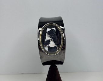Gun Metal Thick Clamper with Faceted Clear Acrylic Stone Size 6 3/4” D-8-12