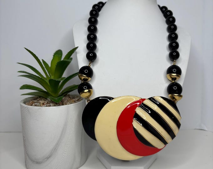 Vintage 1980's Enamel Black, Ivory, and Red Statement Bib with Plastic Beads and Gold Tone Accents 18” D-7-66
