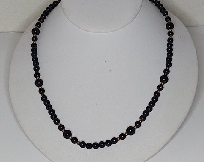 Vintage Black Plastic and Gold Tone Spacer Beaded Necklace C-2-5