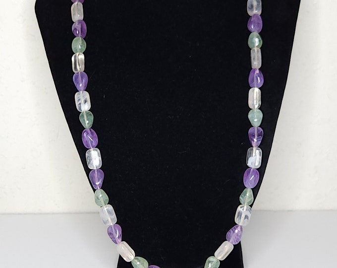 Vintage Translucent White, Purple and Green Plastic Beaded Necklace D-1-53