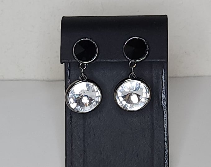 Vintage Gunmetal Tone Circle Dangle Earrings with Black and Clear Rivoli Rhinestones C-6-34