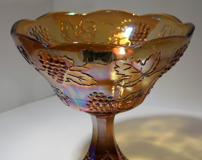 1970's Indiana Harvest GOLD (Amber) Carnival Glass WEDDING BOWL Compote Grapes & Leaves