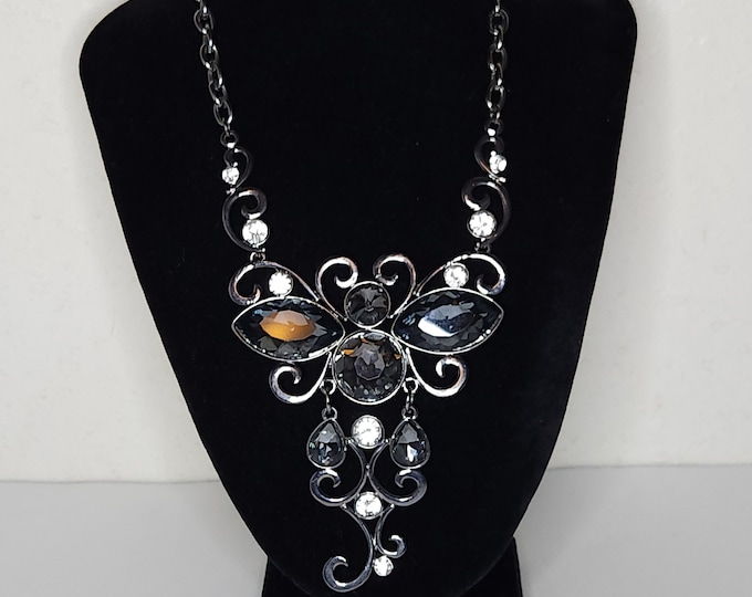 Gunmetal Tone Dragonfly Swirl Statement Necklace with Gray and Clear Faceted Glass Pieces D-1-24