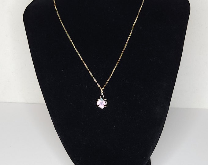 Vintage Gold Tone Necklace with Pink Rose 17 Inch A-6-13