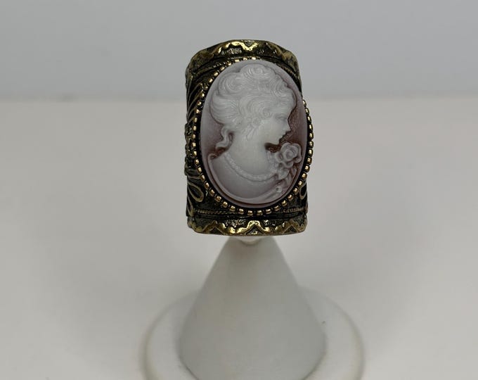 Vintage Look Acrylic Plastic Cameo and Antiqued Brass Scarf Slip/Slide Ring D-8-100