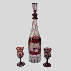 Vintage Ruby Red Cut to Clear Decanter Set
