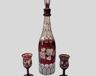 Vintage Ruby Red Cut to Clear Decanter Set