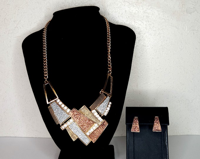 NOS Dusey Gold Tone Geometric Necklace and Earrings Set with Silver Tone and Copper Tone Glitter and Clear Rhinestones D-3-96