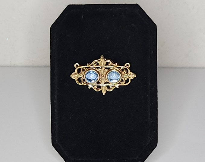 Vintage Gold Tone Filigree Brooch Pin with Light Blue Rhinestones B-9-34