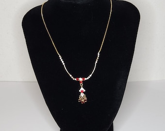 Vintage Gold Tone Red and Clear Crystal Necklace with Tube Bead Accents A-8-67