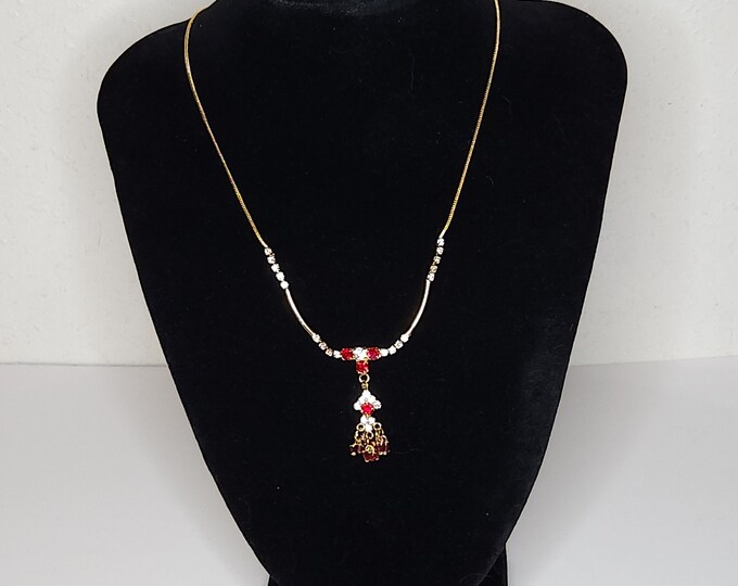 Vintage Gold Tone Red and Clear Crystal Necklace with Tube Bead Accents A-8-67