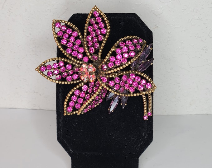 Vintage Weiss Signed Gold Tone and Purple Rhinestone Dimensional Flower Brooch Pin D-4-21