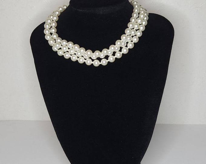 Vintage Three Strand Faux Pearl Choker Necklace A-8-44