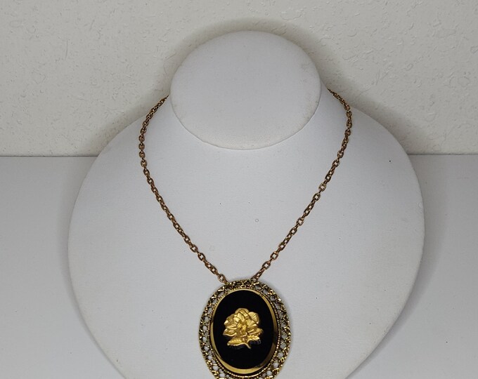 Vintage Gold Tone and Black Oval Frame with Gold Tone Rose Pendant / Brooch Necklace D-1-81