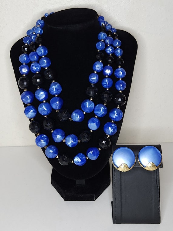 Vintage Blue Swirled Pearlescent and Black Facete… - image 1