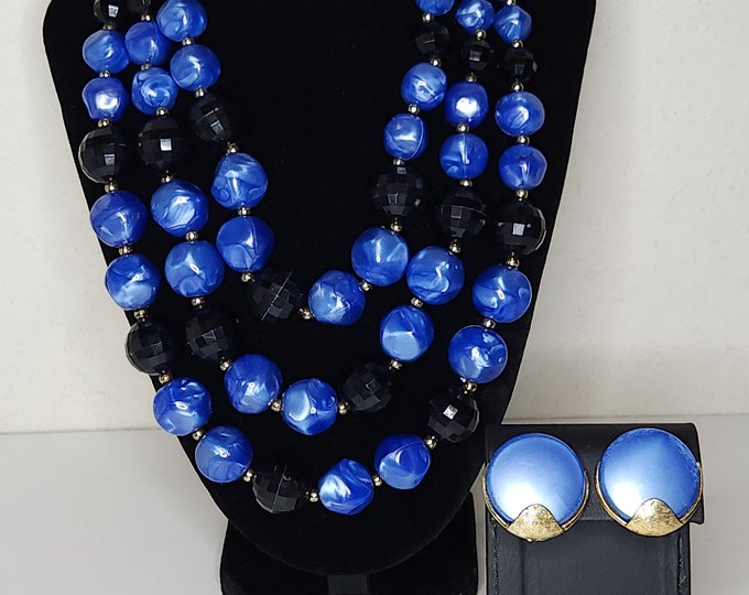 Vintage Blue Swirled Pearlescent and Black Faceted Plastic Beaded Three Strand Necklace with Matching Clip-On Earrings B-5-94