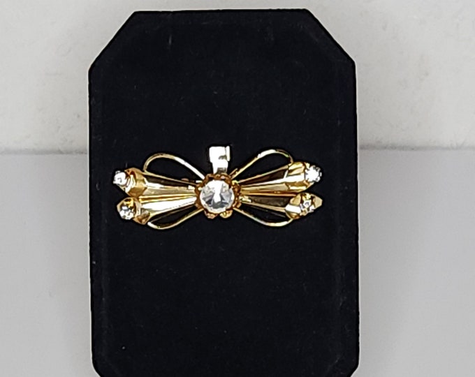 Vintage Gold Tone and Clear Rhinestone Bow Brooch Pin C-8-33