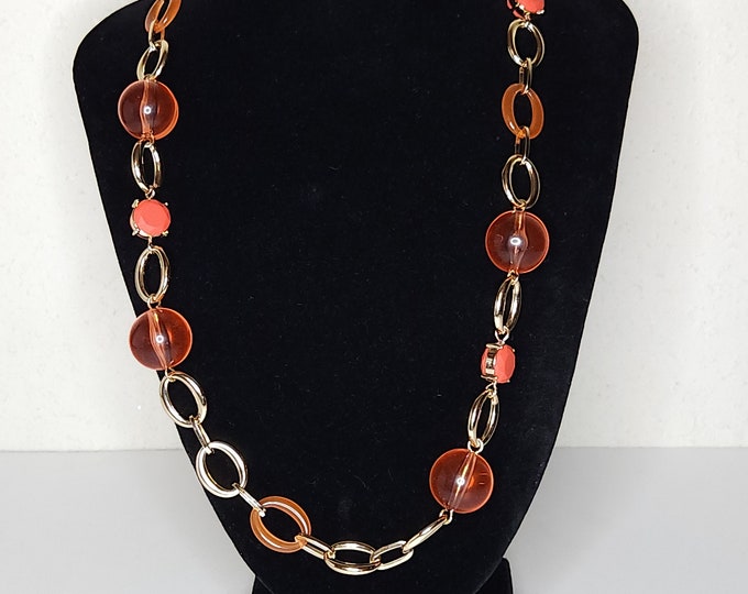 Vintage Macy's INC Signed Orange Acrylic and Gold Tone Metal Necklace B-4-49