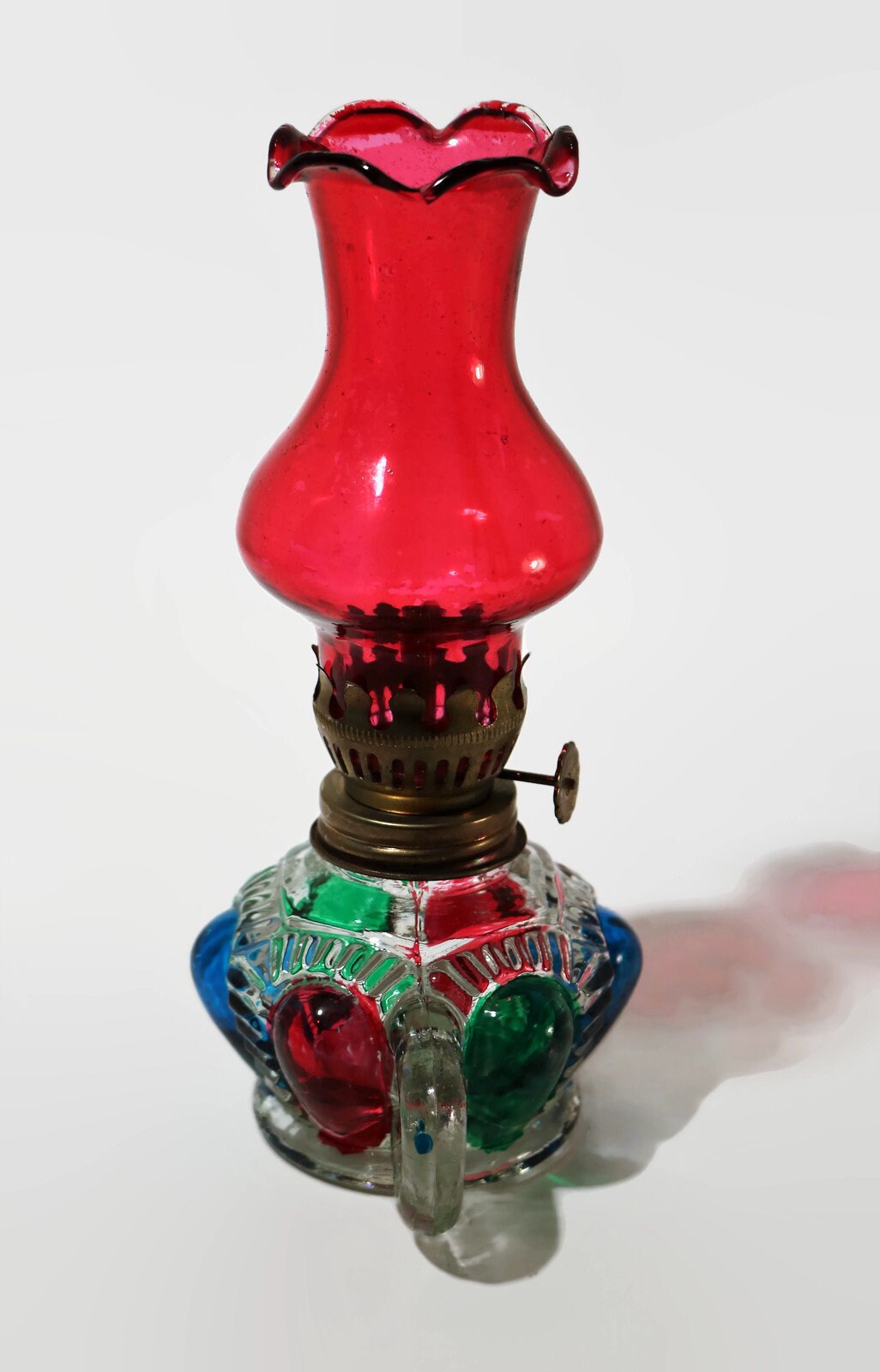 1950's Red Green Blue Jewel Toned 7” Oil Lamp Made In Hong Kong