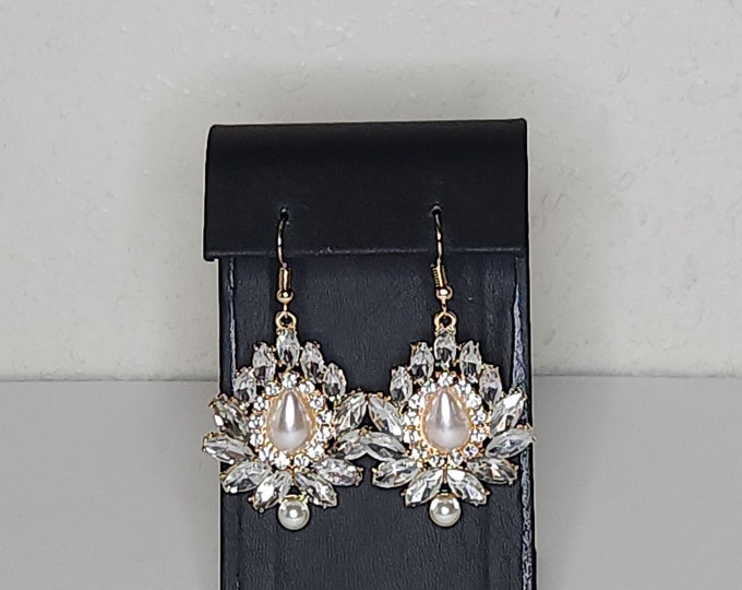 Gold Tone Statement Dangle Earrings with Clear Round and Navette Rhinestones and Faux Pearls C-8-24
