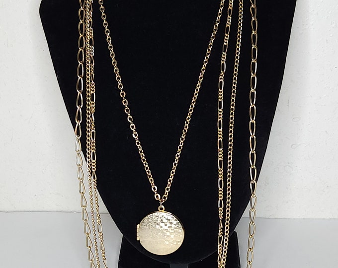 Vintage Gold Tone Four Chain and Locket Pendant Necklace C-4-21