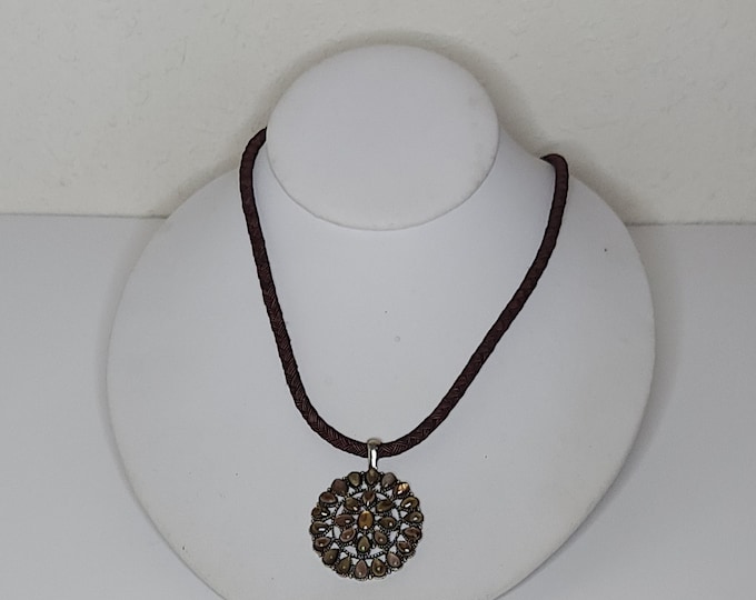 Vintage Chaps Signed Silver Tone Medallion Pendant on Brown Cord Necklace C-8-71
